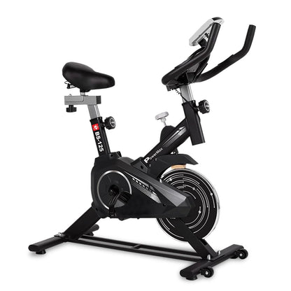 PowerMax Fitness BS-125 Spin Exercise Bike For Home Use,16Mm 6Kg Flywheel,Max User Weight 130Kg,LCD Display,2Pc Crank,Heart Rate Sensor,Knob Braking,Adjustable Foot Strap And Seat,Ipad Holder,Black 