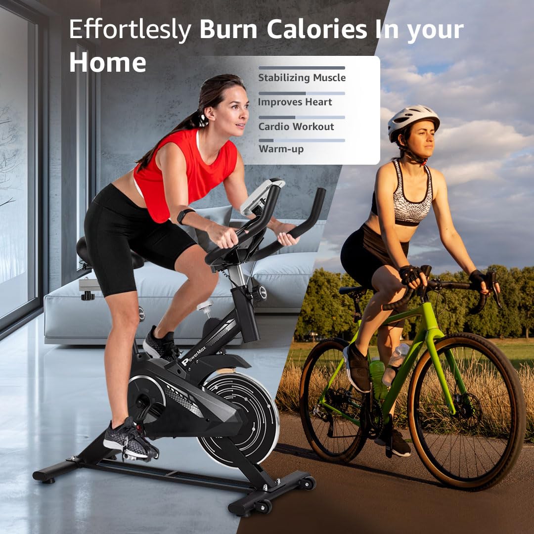 PowerMax Fitness BS-125 Spin Exercise Bike For Home Use,16Mm 6Kg Flywheel,Max User Weight 130Kg,LCD Display,2Pc Crank,Heart Rate Sensor,Knob Braking,Adjustable Foot Strap And Seat,Ipad Holder,Black 
