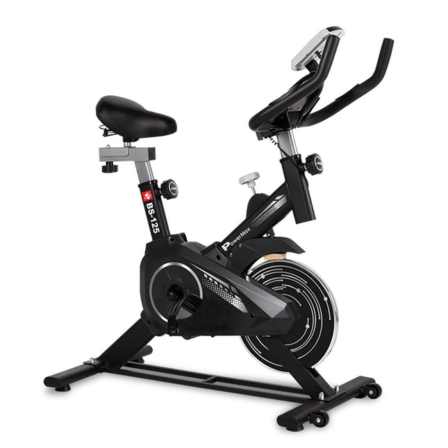 PowerMax Fitness BS-125 Spin Exercise Bike For Home Use,16Mm 6Kg Flywheel,Max User Weight 130Kg,LCD Display,2Pc Crank,Heart Rate Sensor,Knob Braking,Adjustable Foot Strap And Seat,Ipad Holder,Black 
