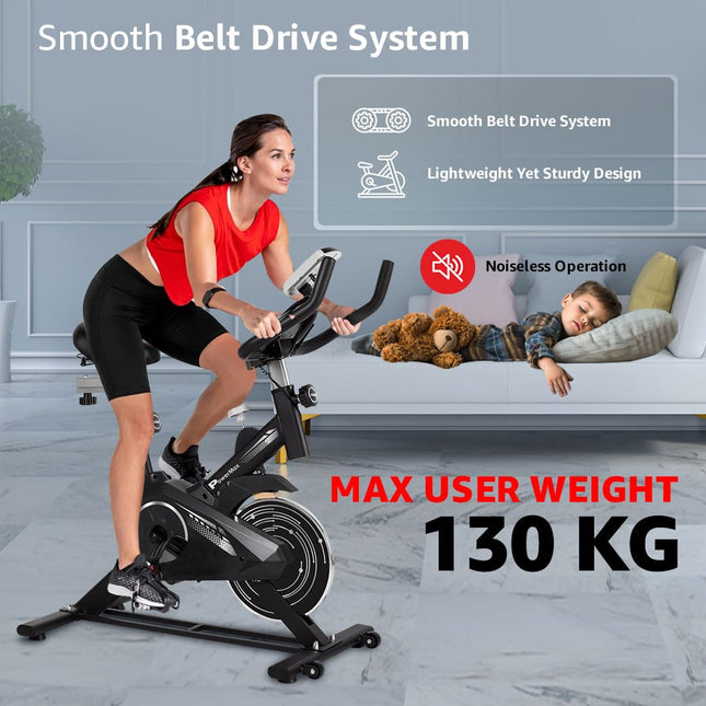 PowerMax Fitness BS-125 Spin Exercise Bike For Home Use,16Mm 6Kg Flywheel,Max User Weight 130Kg,LCD Display,2Pc Crank,Heart Rate Sensor,Knob Braking,Adjustable Foot Strap And Seat,Ipad Holder,Black 