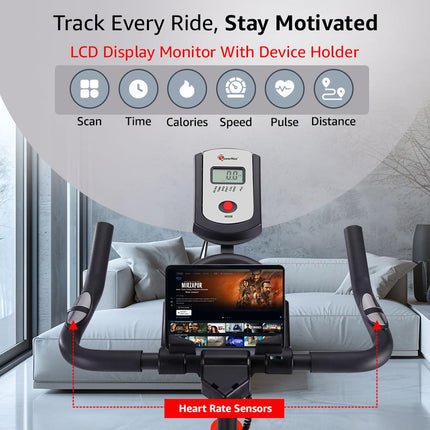 PowerMax Fitness BS-125 Spin Exercise Bike For Home Use,16Mm 6Kg Flywheel,Max User Weight 130Kg,LCD Display,2Pc Crank,Heart Rate Sensor,Knob Braking,Adjustable Foot Strap And Seat,Ipad Holder,Black 