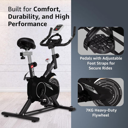 PowerMax Fitness BS-125 Spin Exercise Bike For Home Use,16Mm 6Kg Flywheel,Max User Weight 130Kg,LCD Display,2Pc Crank,Heart Rate Sensor,Knob Braking,Adjustable Foot Strap And Seat,Ipad Holder,Black 