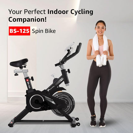 PowerMax Fitness BS-125 Spin Exercise Bike For Home Use,16Mm 6Kg Flywheel,Max User Weight 130Kg,LCD Display,2Pc Crank,Heart Rate Sensor,Knob Braking,Adjustable Foot Strap And Seat,Ipad Holder,Black 