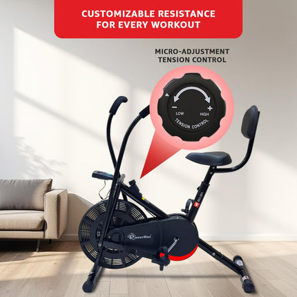 PowerMax Fitness BU-201 Dual Action Air Bike/Exercise Bike for Home |Gym Cycle for Workout With Adjustable Cushioned Seat | Non-Slip Pedals | Moving Handles Black Gym Bike, Max user weight 120 KG 