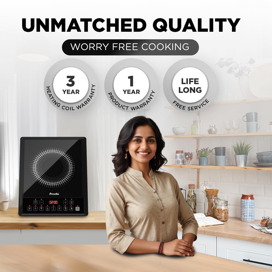 Preethi Indicook IC124 Induction Cooktop, 2100-Watt Electric Stove with Soft Touch Buttons and Crystal Glass (Black) 