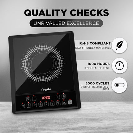 Preethi Indicook IC124 Induction Cooktop, 2100-Watt Electric Stove with Soft Touch Buttons and Crystal Glass (Black) 