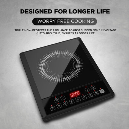 Preethi Indicook IC124 Induction Cooktop, 2100-Watt Electric Stove with Soft Touch Buttons and Crystal Glass (Black) 