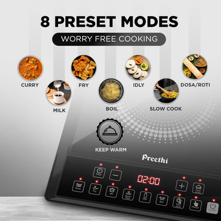 Preethi Indicook IC124 Induction Cooktop, 2100-Watt Electric Stove with Soft Touch Buttons and Crystal Glass (Black) 