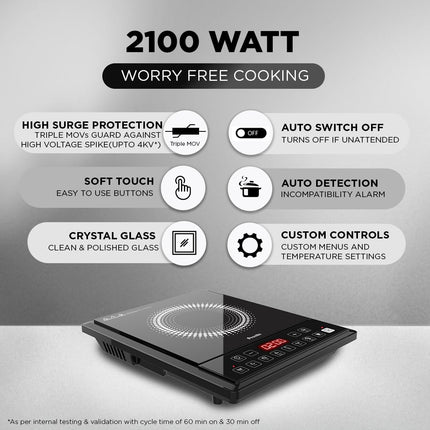 Preethi Indicook IC124 Induction Cooktop, 2100-Watt Electric Stove with Soft Touch Buttons and Crystal Glass (Black) 