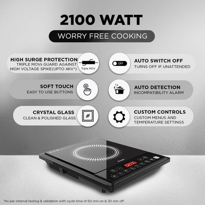 Preethi Indicook IC124 Induction Cooktop, 2100-Watt Electric Stove with Soft Touch Buttons and Crystal Glass (Black) 