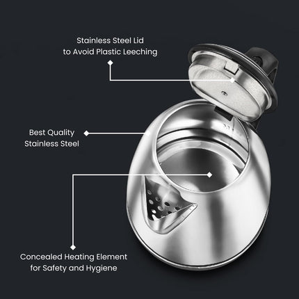 Prestige 1.5 litre PKOSS Stainless Steel Electric Kettle | 1350 Watts| Elegant Design | Cool-touch Handle and Lid | Automatic Cut-Off and Single-Touch Lid Locking. | Silver 