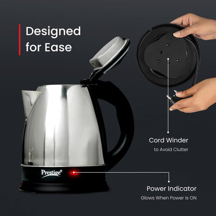 Prestige 1.5 litre PKOSS Stainless Steel Electric Kettle | 1350 Watts| Elegant Design | Cool-touch Handle and Lid | Automatic Cut-Off and Single-Touch Lid Locking. | Silver 