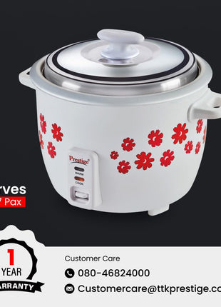Prestige 1.8 Litres Electric Rice Cooker (PRWO 1.8 Litres)| 2 Aluminium Cooking Pans | Stainless Steel Lid | Grey/White | Cool Touch Handles | Detachable Power Cord | 700- Watt 