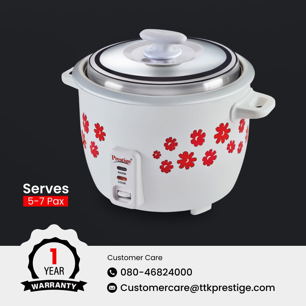 Prestige 1.8 Litres Electric Rice Cooker (PRWO 1.8 Litres)| 2 Aluminium Cooking Pans | Stainless Steel Lid | Grey/White | Cool Touch Handles | Detachable Power Cord | 700- Watt 