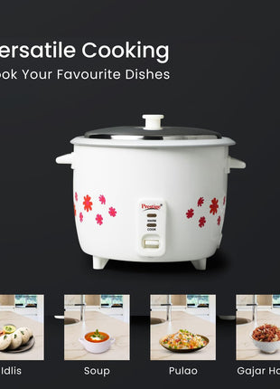 Prestige 1.8 Litres Electric Rice Cooker (PRWO 1.8 Litres)| 2 Aluminium Cooking Pans | Stainless Steel Lid | Grey/White | Cool Touch Handles | Detachable Power Cord | 700- Watt 