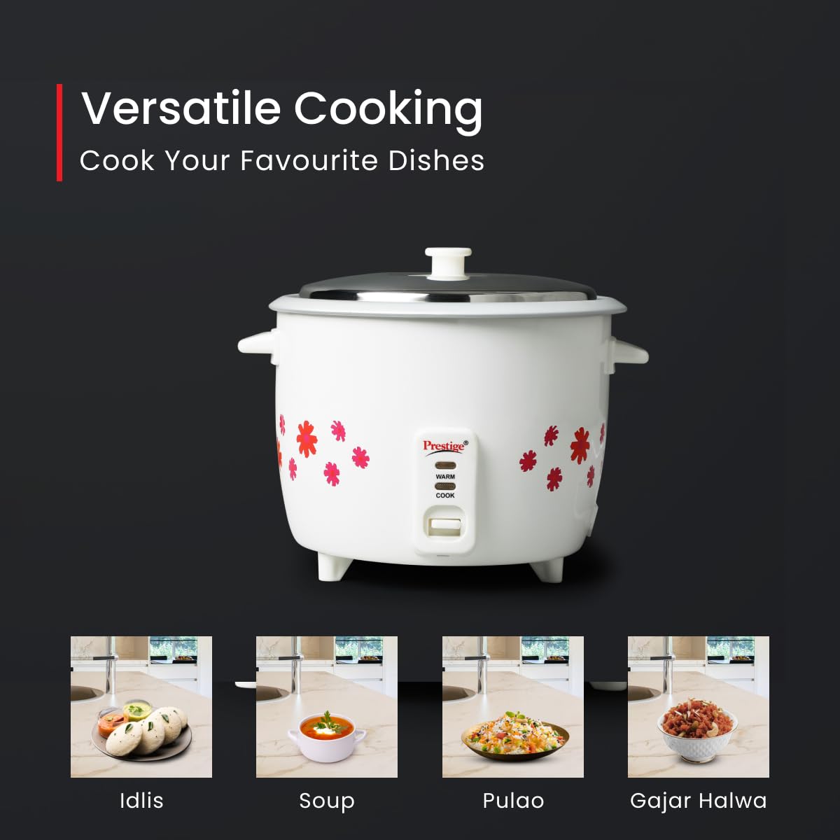 Prestige 1.8 Litres Electric Rice Cooker (PRWO 1.8 Litres)| 2 Aluminium Cooking Pans | Stainless Steel Lid | Grey/White | Cool Touch Handles | Detachable Power Cord | 700- Watt 