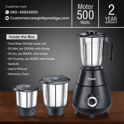 Prestige 500 Watts Apex Mixer Grinder with 3 Stainless Steel Jars|3 Super Efficient Blades|Sturdy Handles|Black| 