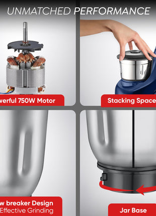Prestige 750W Astra Mixer Grinder with 5 Jars – 1500ml Wet, 1000ml Dry, 1500ml Juicer, 300ml Chutney & Mix-O-Keep | Space-Saving Stacking Design | 2-Year Warranty 