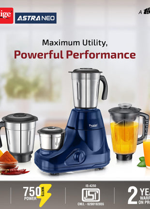 Prestige 750W Astra Neo Mixer Grinder with 4 Jars(3 Stainless Steel Jars,1 Juicer Jar)|1500ml wet Jar,1000ml dry jar,1500ml juice jar,300ml chutney jar|Stacking space for storage|2Y product warranty 