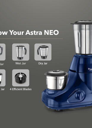 Prestige 750W Astra Neo Mixer Grinder with 4 Jars(3 Stainless Steel Jars,1 Juicer Jar)|1500ml wet Jar,1000ml dry jar,1500ml juice jar,300ml chutney jar|Stacking space for storage|2Y product warranty 