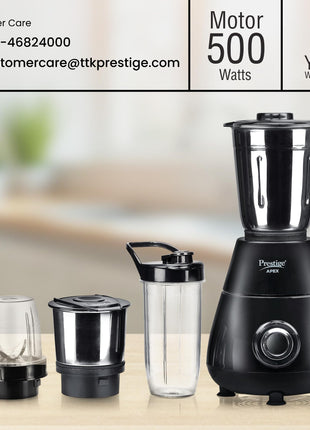 Prestige Apex Blendo 500W 4Jars Mixer Grinder|2 Full Size Stainless Steel Jar|2 Nutri-Blend Jar|3 Super Efficient Blades|Black 