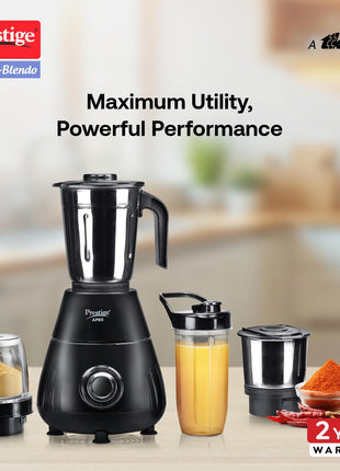Prestige Apex Blendo 500W 4Jars Mixer Grinder|2 Full Size Stainless Steel Jar|2 Nutri-Blend Jar|3 Super Efficient Blades|Black 