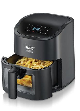 Prestige Crysta Electric Digital Airfryer 4.5L Basket, 1600W|Touch Panel with 9 Preset Menu|See-through Window with 25W Lamp|Food Grade Oil Brush|Time & Temperature control|Safety Interlocking|Black 
