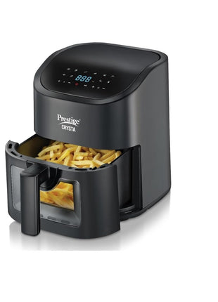 Prestige Crysta Electric Digital Airfryer 4.5L Basket, 1600W|Touch Panel with 9 Preset Menu|See-through Window with 25W Lamp|Food Grade Oil Brush|Time & Temperature control|Safety Interlocking|Black 