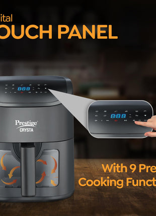 Prestige Crysta Electric Digital Airfryer 4.5L Basket, 1600W|Touch Panel with 9 Preset Menu|See-through Window with 25W Lamp|Food Grade Oil Brush|Time & Temperature control|Safety Interlocking|Black 