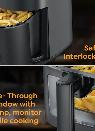 Prestige Crysta Electric Digital Airfryer 4.5L Basket, 1600W|Touch Panel with 9 Preset Menu|See-through Window with 25W Lamp|Food Grade Oil Brush|Time & Temperature control|Safety Interlocking|Black 