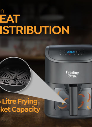 Prestige Crysta Electric Digital Airfryer 4.5L Basket, 1600W|Touch Panel with 9 Preset Menu|See-through Window with 25W Lamp|Food Grade Oil Brush|Time & Temperature control|Safety Interlocking|Black 