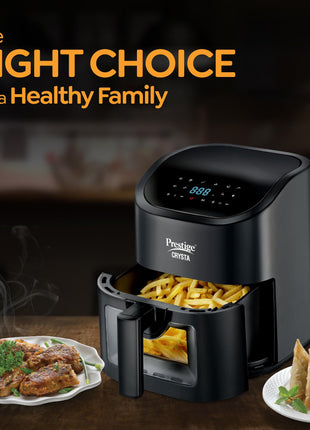 Prestige Crysta Electric Digital Airfryer 4.5L Basket, 1600W|Touch Panel with 9 Preset Menu|See-through Window with 25W Lamp|Food Grade Oil Brush|Time & Temperature control|Safety Interlocking|Black 