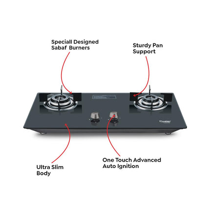 Prestige Desire Hobtop PHTD 02 AI Black L P Gas Table(with 8mm Thick Superior Toughened Glass Top, 2 Sabaf Burners, Auto Ignition) 