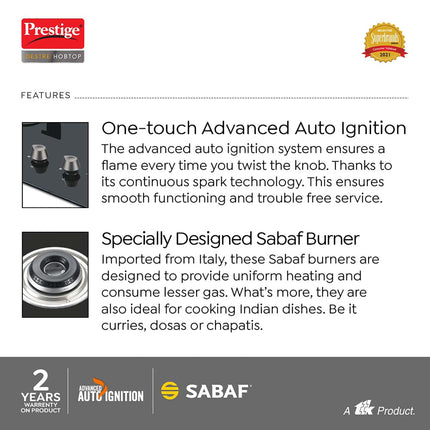 Prestige Desire Hobtop PHTD 02 AI Black L P Gas Table(with 8mm Thick Superior Toughened Glass Top, 2 Sabaf Burners, Auto Ignition) 