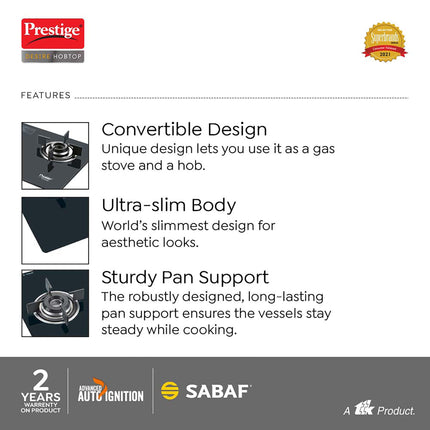 Prestige Desire Hobtop PHTD 02 AI Black L P Gas Table(with 8mm Thick Superior Toughened Glass Top, 2 Sabaf Burners, Auto Ignition) 