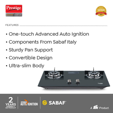 Prestige Desire Hobtop PHTD 02 AI Black L P Gas Table(with 8mm Thick Superior Toughened Glass Top, 2 Sabaf Burners, Auto Ignition) 