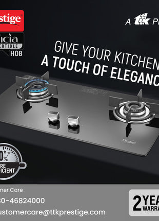 Prestige Efficia Convertible 2 Burner Glasstop Hob|One-Touch Advance Auto-Ignition|Cast-Iron Pan Support|Toughened Glass|SABAF Burners|Ultra-Slim Body|5 Years Warranty on Glass|Black 