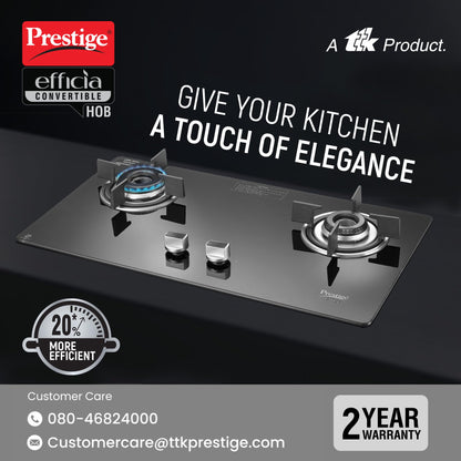Prestige Efficia Convertible 2 Burner Glasstop Hob|One-Touch Advance Auto-Ignition|Cast-Iron Pan Support|Toughened Glass|SABAF Burners|Ultra-Slim Body|5 Years Warranty on Glass|Black 