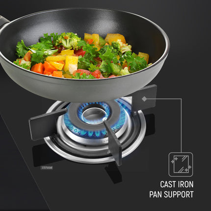 Prestige Efficia Convertible 2 Burner Glasstop Hob|One-Touch Advance Auto-Ignition|Cast-Iron Pan Support|Toughened Glass|SABAF Burners|Ultra-Slim Body|5 Years Warranty on Glass|Black 