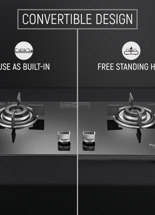 Prestige Efficia Convertible 2 Burner Glasstop Hob|One-Touch Advance Auto-Ignition|Cast-Iron Pan Support|Toughened Glass|SABAF Burners|Ultra-Slim Body|5 Years Warranty on Glass|Black 