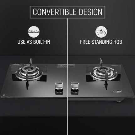 Prestige Efficia Convertible 2 Burner Glasstop Hob|One-Touch Advance Auto-Ignition|Cast-Iron Pan Support|Toughened Glass|SABAF Burners|Ultra-Slim Body|5 Years Warranty on Glass|Black 
