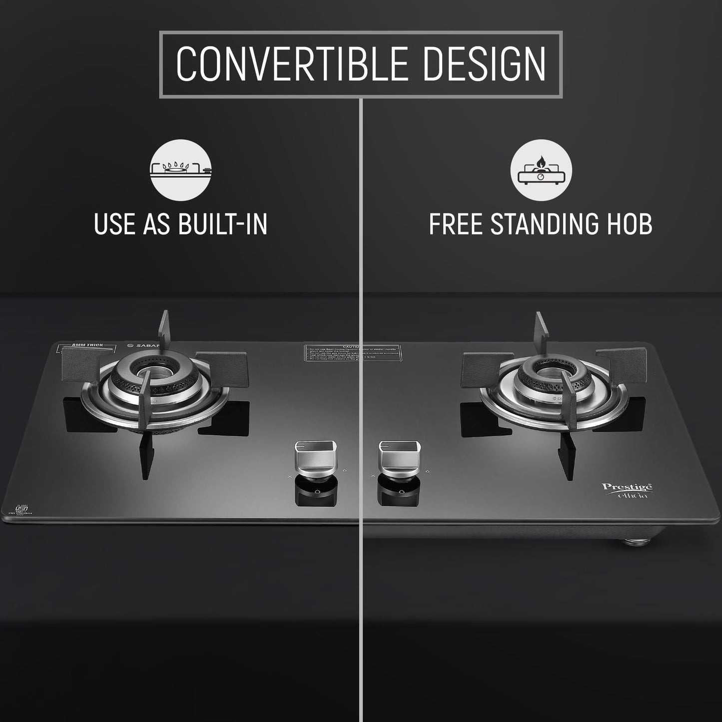 Prestige Efficia Convertible 2 Burner Glasstop Hob|One-Touch Advance Auto-Ignition|Cast-Iron Pan Support|Toughened Glass|SABAF Burners|Ultra-Slim Body|5 Years Warranty on Glass|Black 