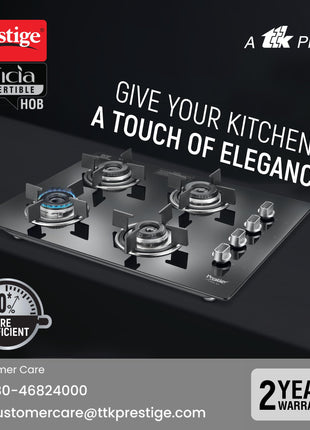 Prestige Efficia Convertible 4 Burner Glasstop Hob|One-Touch Advance Auto-Ignition|Cast-Iron Pan Support|Toughened Glass|SABAF Burners|Ultra-Slim Body|5 Years Warranty on Glass|Black 