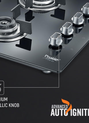 Prestige Efficia Convertible 4 Burner Glasstop Hob|One-Touch Advance Auto-Ignition|Cast-Iron Pan Support|Toughened Glass|SABAF Burners|Ultra-Slim Body|5 Years Warranty on Glass|Black 