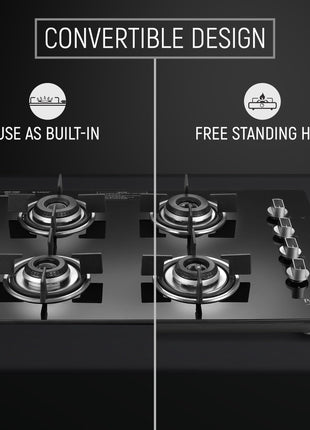Prestige Efficia Convertible 4 Burner Glasstop Hob|One-Touch Advance Auto-Ignition|Cast-Iron Pan Support|Toughened Glass|SABAF Burners|Ultra-Slim Body|5 Years Warranty on Glass|Black 