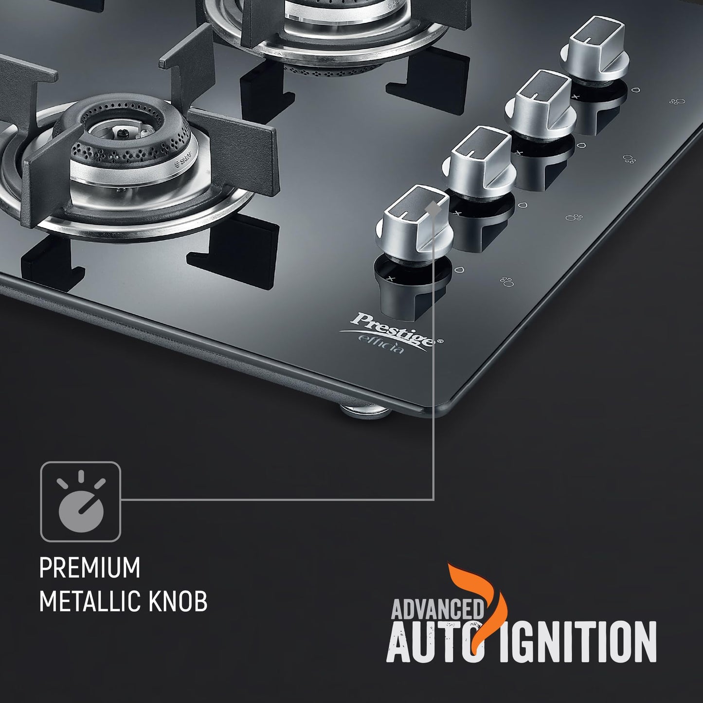 Prestige Efficia Convertible 4 Burner Glasstop Hob|One-Touch Advance Auto-Ignition|Cast-Iron Pan Support|Toughened Glass|SABAF Burners|Ultra-Slim Body|5 Years Warranty on Glass|Black 
