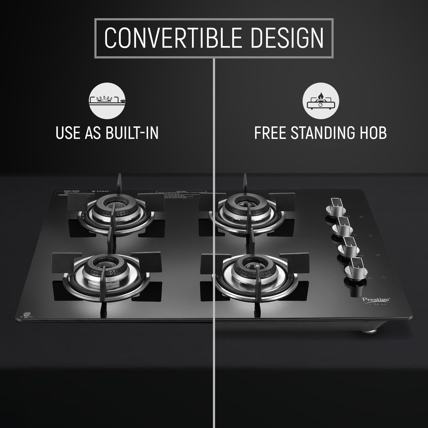 Prestige Efficia Convertible 4 Burner Glasstop Hob|One-Touch Advance Auto-Ignition|Cast-Iron Pan Support|Toughened Glass|SABAF Burners|Ultra-Slim Body|5 Years Warranty on Glass|Black 