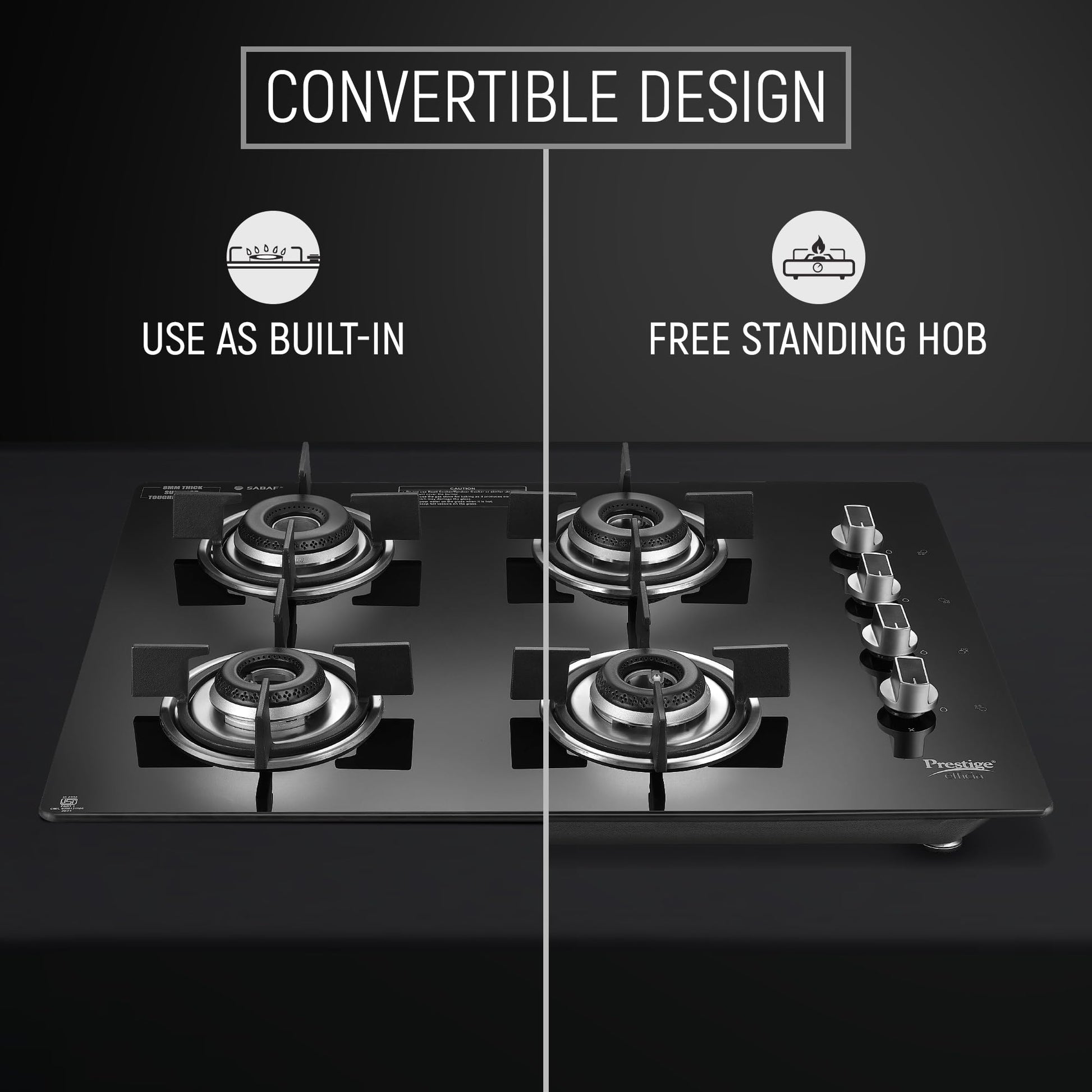 Prestige Efficia Convertible 4 Burner Glasstop Hob|One-Touch Advance Auto-Ignition|Cast-Iron Pan Support|Toughened Glass|SABAF Burners|Ultra-Slim Body|5 Years Warranty on Glass|Black 