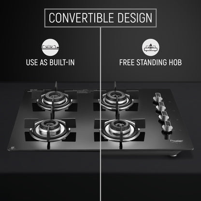 Prestige Efficia Convertible 4 Burner Glasstop Hob|One-Touch Advance Auto-Ignition|Cast-Iron Pan Support|Toughened Glass|SABAF Burners|Ultra-Slim Body|5 Years Warranty on Glass|Black 