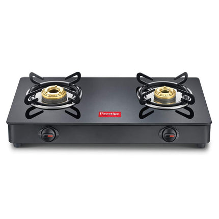 Prestige IRIS Toughened Glass-Top 2 Brass Burner LPG Gas Stove | Black | Spill Proof | Ergonomic Knobs | Tri-Pin Brass Burners |Open 